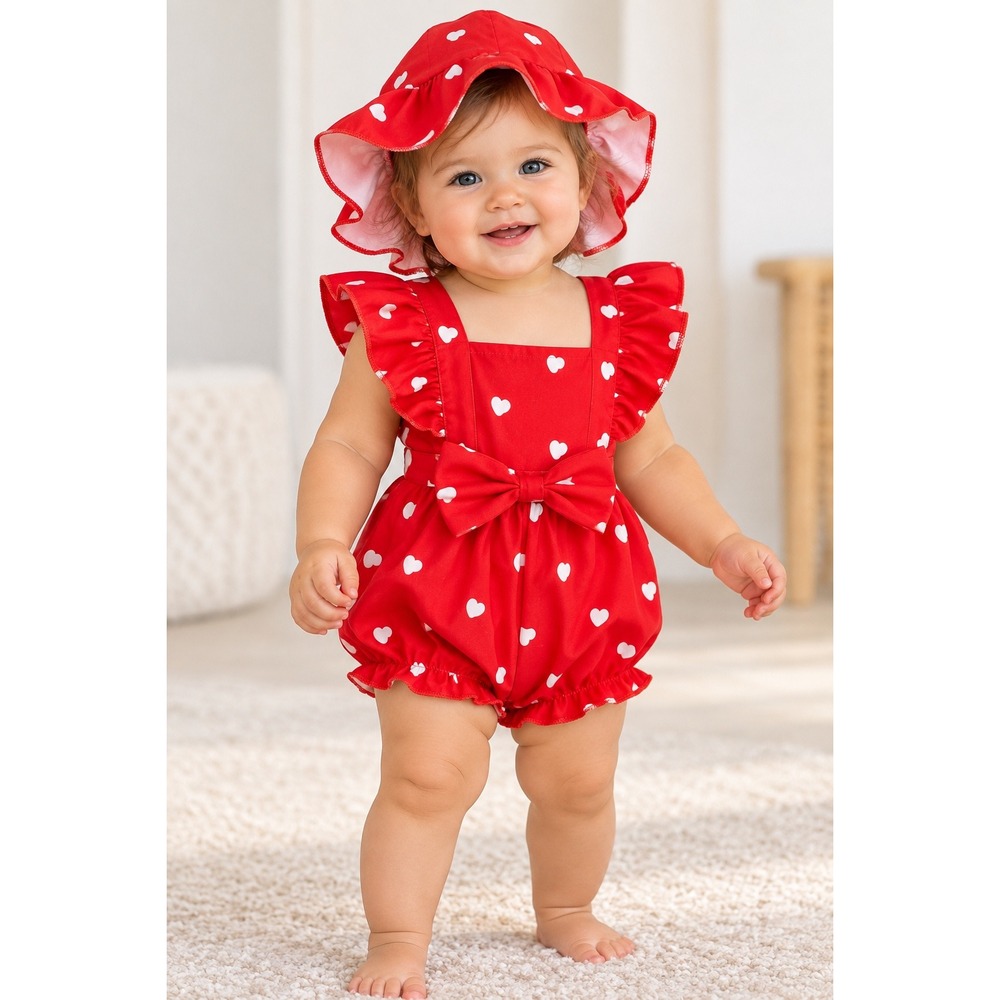 Baby Girl Red White Heart Ruffle Romper 9-12M Bow Bonnet Outfit